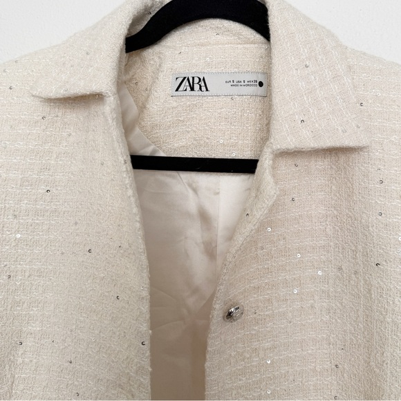 Zara NWOT Cream Textured Cotton Fitted Jacket Silver Sequin Appliqués - Picture 9 of 12